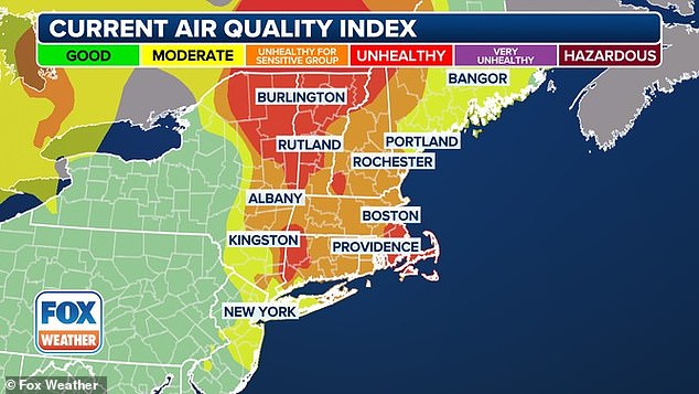 Areas like Boston, Providence, and Burlington will face 'unhealthy' levels, with the capital of Massachusetts reaching as high as 155