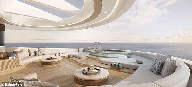 A large seating area provides wide views, along with an enormous jacuzzi that's warmed using heat generated from processing pure hydrogen