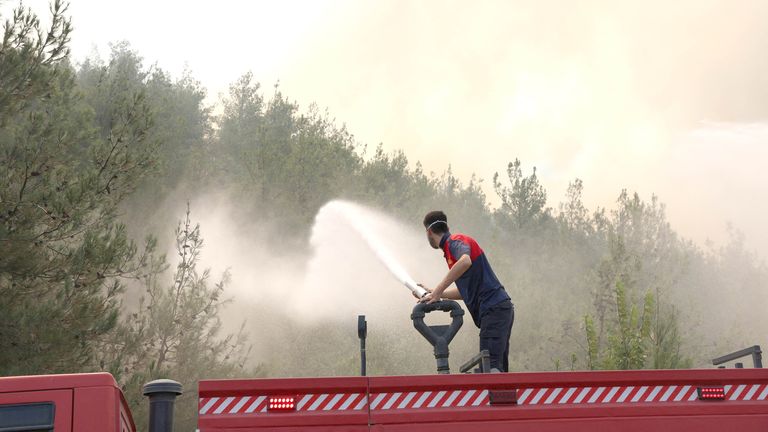 A firefighter responds to a wildfire near Osmaneli in the western Bilecik province, Turkey. Pic: Dilara Senkaya, Reuters