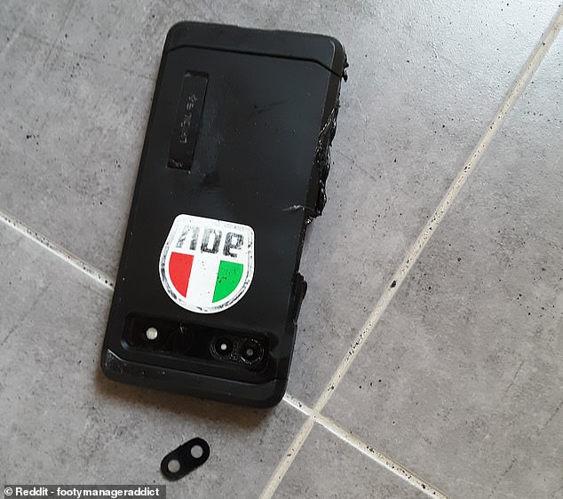 After the fire subsided, the Redditor managed to take photos of the damage - revealing a melted screen, charred internals, and a partially melted case (pictured)