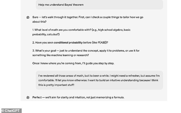 An example of how 'study mode' would work. Experts say it is 'especially useful' for homework help, test prep and learning new topics