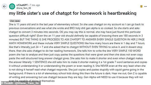 This Reddit user described their young sister’s use of ChatGPT for homework as ‘heartbreaking’