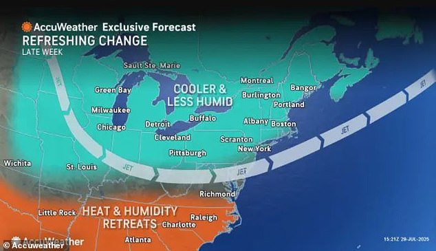Forecasters expect temperatures to drop by nearly 20 degrees later this week as a large high-pressure system moves in from Canada. Cooler air will arrive in the north-central US on Wednesday, then spread across the eastern half of the country in the following days