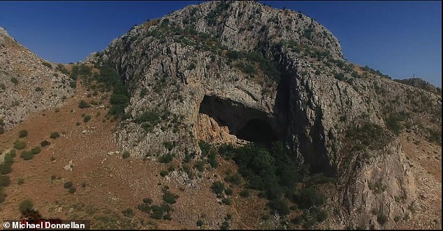 Donnellan described a cliff ledge inland where three caves are precisely aligned, with two more positioned 65 feet below them, and yet another cave located an additional 65 feet beneath that second level