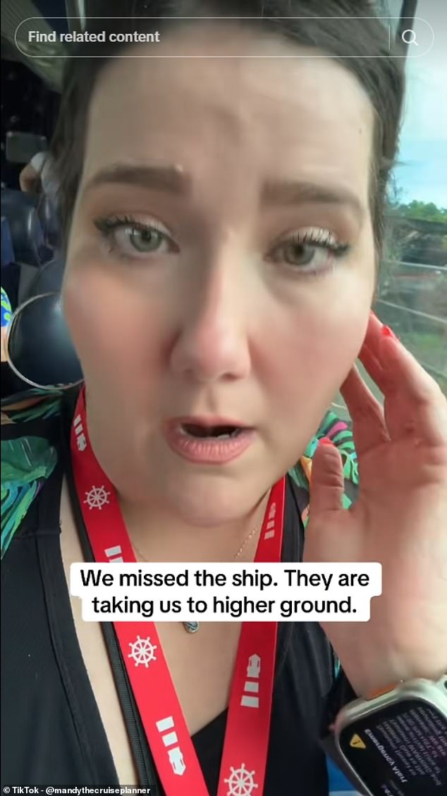 One video, posted by @mandythecruiseplanner, appeared to show a bus load of people who had missed a cruise in Hawaii