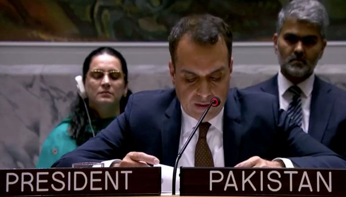 Deputy Permanent Representative of Pakistan to the UN Ambassador Usman Iqbal Jadoon speaks during UN debate, July 22, 2025. — Screengrab X/@PakistanUN_NY