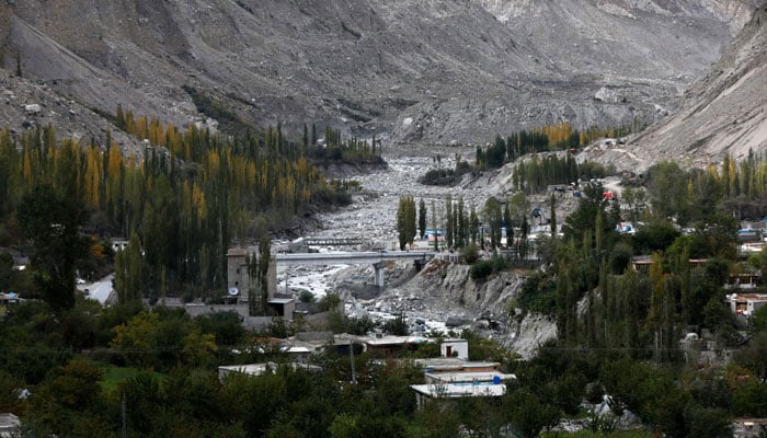 A view of the newly built Hassanabad bridge, which replaced a bridge that collapsed when the Shisper glacier caused Glacial Lake Outburst Flooding (Gof), in Hassanabad village, October 8, 2023. — Reuters