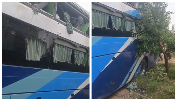 The passenger bus that came under fire in Kalat, Balochistan, July 16, 2025. — Reporter