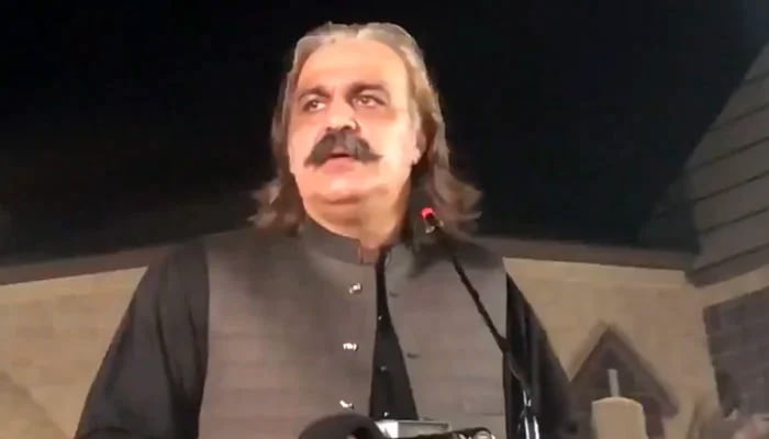 KP CM Ali Amin Gandapur addresses the PTI meeting in Lahore on July 12, 2025. — X/@PTIKPOfficial