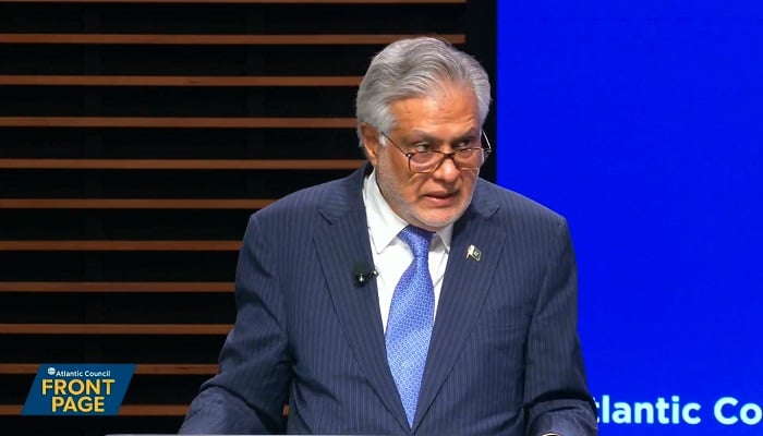 Deputy Prime Minister and Foreign Minister Ishaq Dar speaks at the Atlantic Council, an American think tank focusing on international affairs, in Washington, US, on July 25, 2025. —X@AtlanticCouncil