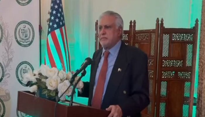 DPM and FM Ishaq Dar addresses Pakistani community during an event in New York, US on July 27, 2025. — Screengrab via Geo News