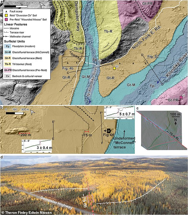 (a) A map mixes old info with new, super-clear land data, showing where the fault is (b) A close-up map uses drone laser scans, showing a super old (132,000 years) terrace (c) A model guesses the terrace edge slid. (d) A drone pic looking northwest shows the fault line and the terrace edge pushed to the right