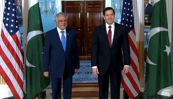 Foreign Minister and Deputy Prime Minister Ishaq Dar meets US Secretary of State Marco Rubio at US State Department, Washington, July 25, 2025. — Screengrab via YouTube/Geo News