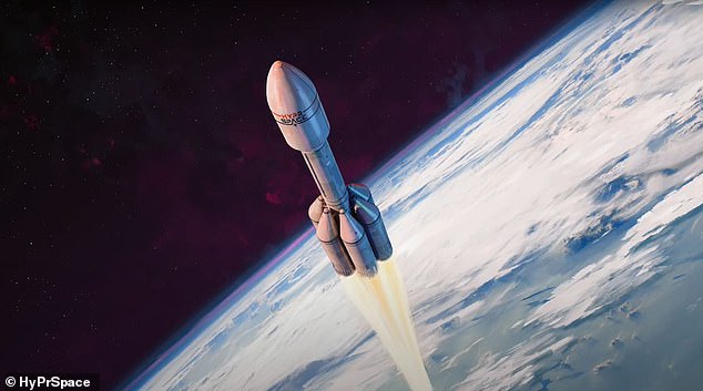 An artist impression of the rocket, which is said to use 'revolutionary hybrid propulsion,' powered by a mix of liquid and solid propellants, some made from recycled plastic
