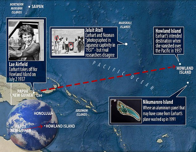 Earhart was flying a Lockheed Model 10 Electra when the plane vanished on July 2, 1937. In the last in-flight radio message heard by Itasca, Earhart said: 'We are on the line 157 337 …. We are running on line north and south.' The numbers 157 and 337 refer to compass headings – 157° and 337° – and describe a line that passes through the intended destination, Howland Island