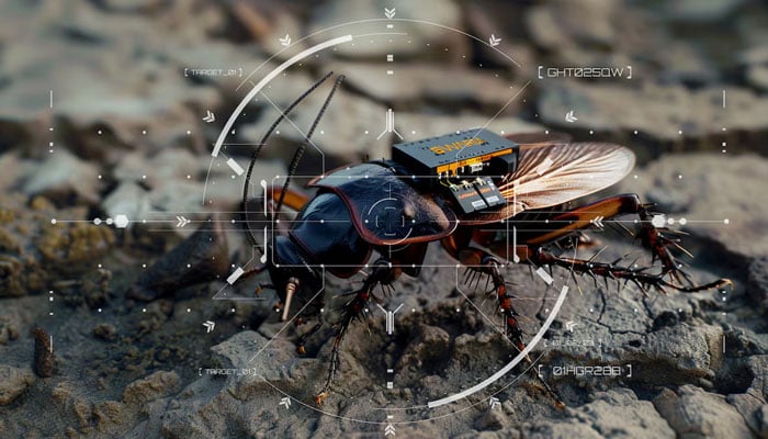 A digital illustration released by Swarm Biotactics shows what they describe as a cyborg cockroach, equipped with a specialized backpack that enables real-time data collection via cameras. — Reuters