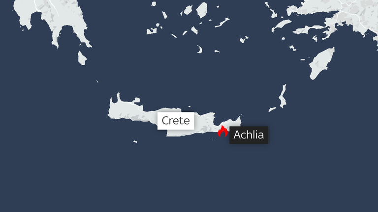 A map showing the location of a wildfire in Achlia, Crete, Greece.