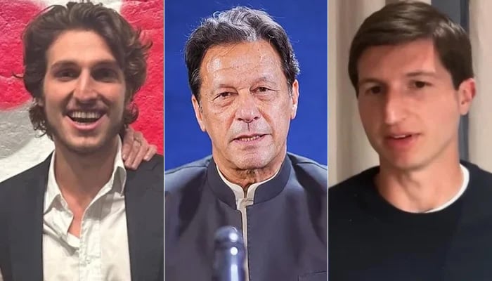 This collage shows PTI founder and former premier Imran Khan (centre) and his sons Kasim Khan (left) and Sulaiman Khan. — Instagram/@khanjemima/YouTube/@MarioNawfal/@imrankhan.pti