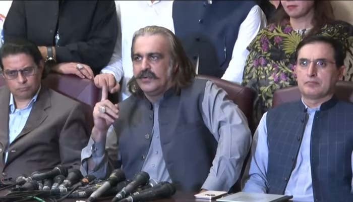KP Chief Minister Ali Amin Gandapur (centre) addresses a press conference alongside PTI Chairman Barrister Gohar Ali Khan (right) and partys Secretary General Salman Akram Raja, and others in Islamabad July 2, 2025. — Screengrab via Geo News