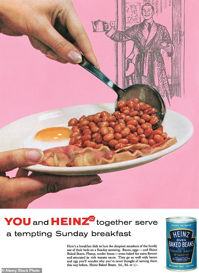 Pictured, a 1957 British advertisement for Heinz Baked Beans using a fry-up as a sales tactic