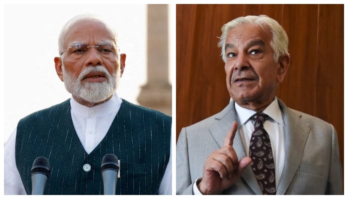 Defence Minister Khawaja Asif (right) and Indian Prime Minister Narendra Modi. — Reuters/File