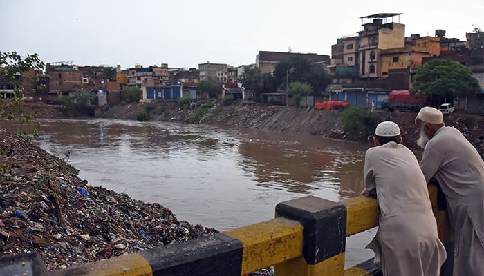 Elderly men stand on Gawalmandi Bridge looking water level increasing at Nalla Lai, after heavy rainfall in Rawalpindi on July 1, 2025. — Online