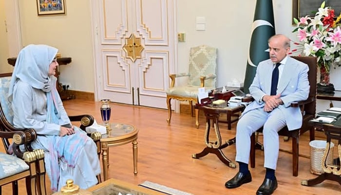Prime Minister Shehbaz Sharif (right) meets Dr Fouzia Siddiqui, sister of Dr Aafia Siddiqui, at the PM Office in Islamabad, on July 25, 2025. — APP