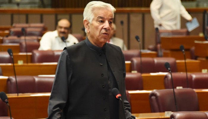 Defence Minister Khawaja Asif speaks on the floor of National Assembly in Islamabad, Pakistan on August 3, 2022. — NA
