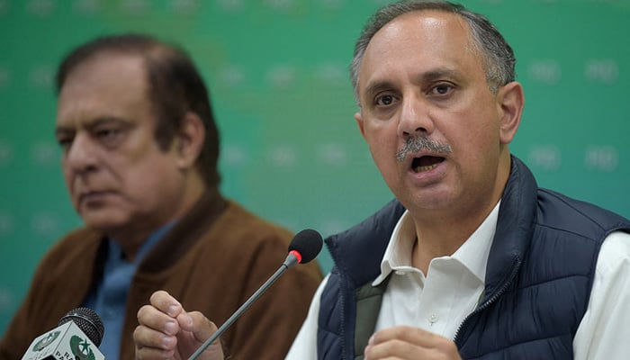 PTI leader Omar Ayub Khan speaks during a media briefing in Islamabad. — AFP/File