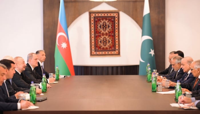 Prime Minister Muhammad Shehbaz Sharif in a meeting with President of Azerbaijan Ilham Aliyev on the sidelines of 17th ECO Summit being held in Khankendi, Azerbaijan, on July 4, 2025. — Facebook/@GovtofPakistan