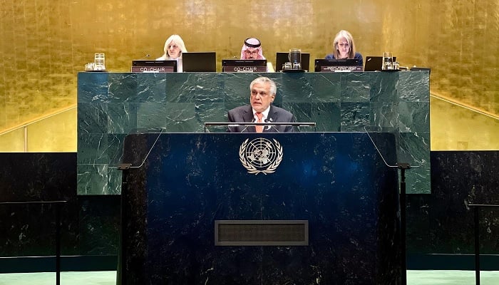 Deputy Prime Minister and Foreign Minister Ishaq Dar addresses the International Conference on the Peaceful Settlement of the Question of Palestine and the Implementation of the Two-State Solution at the United Nations on July 28, 2025. —X@PakistanUN_NY