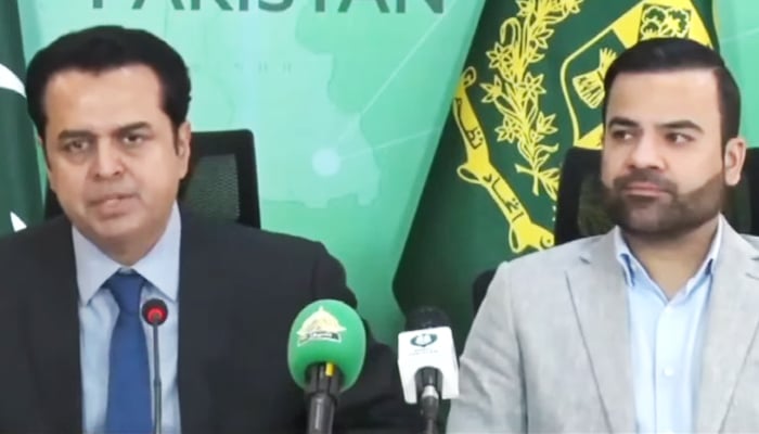 Minister of State for Interior Talal Chaudhry and Minister of State for Law and Justice Barrister Aqeel Malik hold a press conference in Islamabad on July 25, 2025. — Screengrab via Geo News