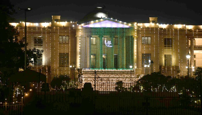 An illuminated view of the Sindh High Court building, decorated with colourful lights to celebrate Independence Day in Karachi, can be seen in this image taken on August 13, 2024. — Online