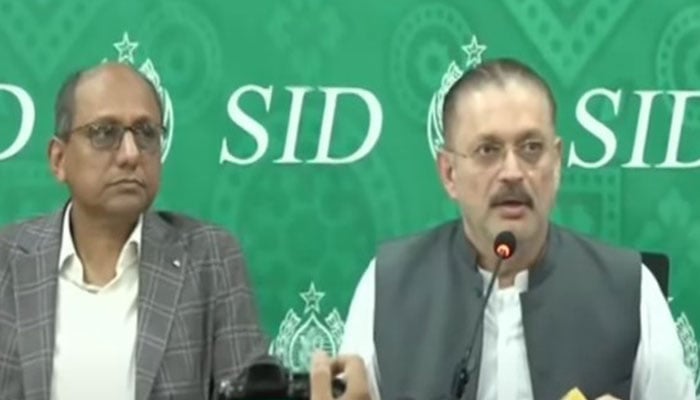 Sindh Local Govt Minister Saeed Ghani addresses a press conference along with Sharjeel Inam Memon in Karachi on July 7, 2025. — screengrab via GeoNews