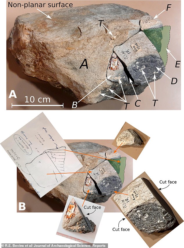 The main remaining part of the Newall boulder (Figure A) along with the part that has been detached for studies and analysis (Figure B)