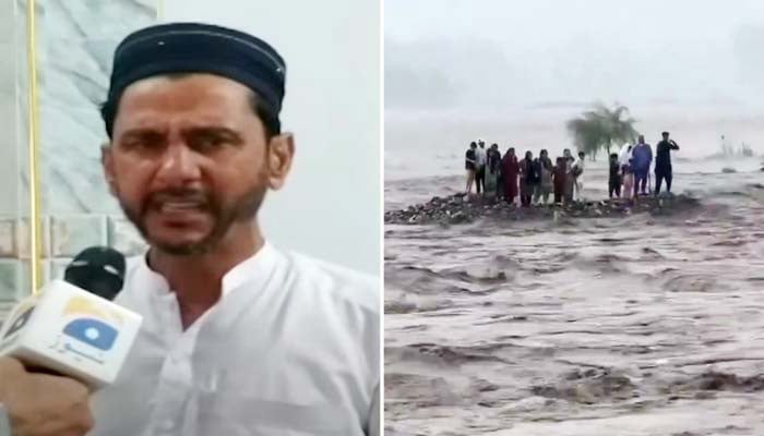 This collage shows families stuck and drowned in raging Swat River (right) and Naseer Ahmed — the father of two drowned children from Mardan. — Screengrab via Geo News