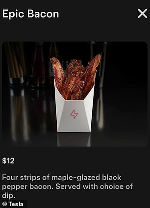 A picture posted on Tesla's website shows a white cup containing four thick and crispsy rashers, coated with large chunks of pepper