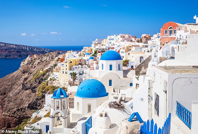 Known for its white and blue architecture, volcanic landscape and charming villages, up to 17,000 tourists descend on the idyllic Aegan isle in the peak summer months