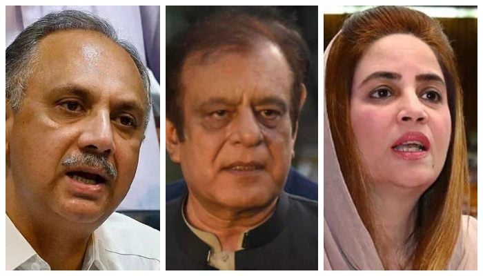 (From left to right) NA Opposition Leader Omar Ayub, Senate Opposition Leader Shibli Faraz and Zartaj Gul. — AFP/Online/Facebook@ZartajGulWazirOfficial/File