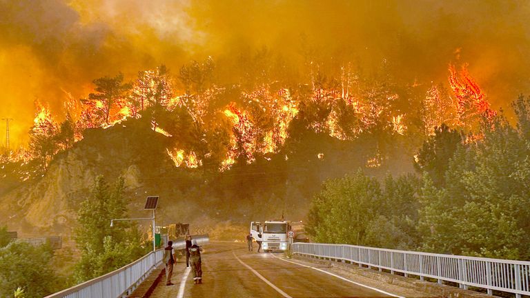 A wildfire rages across a forested area near Cavuslar village, in Karabuk district, northwest Turkey.
IHA/AP