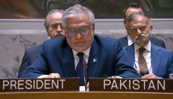 Deputy Prime Minister and Foreign Minister Senator Ishaq Dar addresses the UN Security Council session where he put forward a resolution on peaceful settlement of disputes. — Radio Pakistan