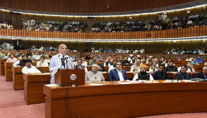 Pakistans prime minister-elect Shehbaz Sharif speaks after winning a parliamentary vote to elect a new prime minister, at the national assembly, in Islamabad, Pakistan April 11, 2022. — Reuters