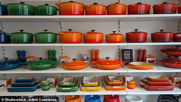 The harshness of the dishwasher can cause surfaces of copper, aluminium or cast–iron cookware (like these Le Creuset dishes, pictured) to dull (stock image)