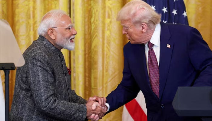 US President Donald Trump and Indian Prime Minister Narendra Modi shake hands as they attend a joint press conference at the White House in Washington, DC, US, February 13, 2025. — Reuters