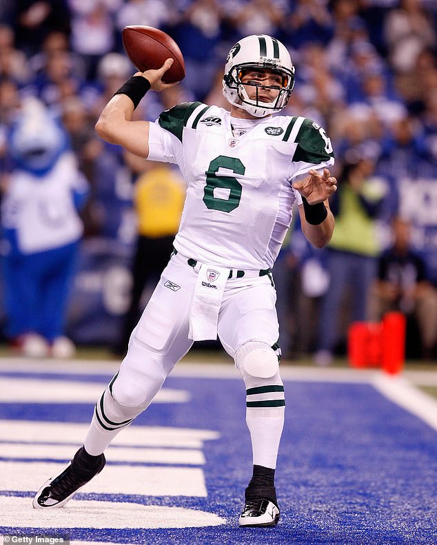 Sanchez, who was previously a quarterback for the New York Jets, now works as a Fox TV analyst. He is pictured during a game against the Indianapolis Colts at Lucas Oil Stadium on December 27, 2009