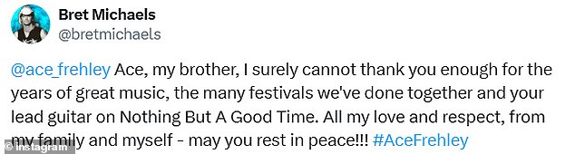 Poison frontman Bret Michaels shared an emotional memorial to Ace on social media