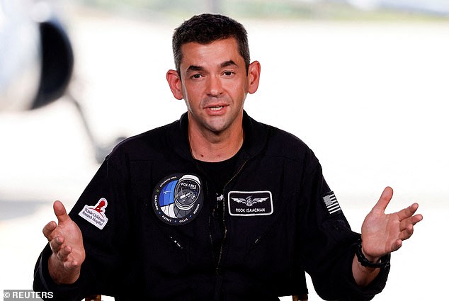 Commander Jared Isaacman of Polaris Dawn, a private human spaceflight mission, speaks at a press conference at the Kennedy Space Center in Cape Canaveral, Florida, on August 19, 2024