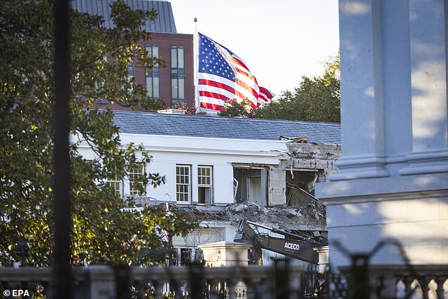 The original section of the building was being demolished on Monday to make way for the president's gilded $250 million ballroom