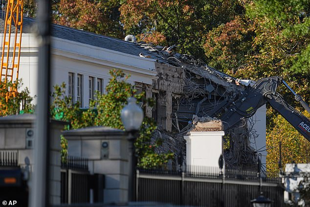 The current iteration of the East Wing was completed in 1942 as a second story was added to provide offices for First Lady Eleanor Roosevelt. Construction equipment is seen ripping through those walls on Monday, turning the East Wing to rubble
