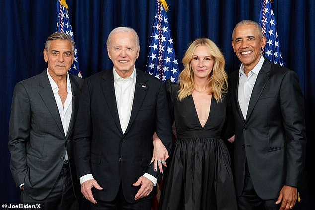 Biden pictured at a fundraiser Clooney hosted for him, alongside Julia Roberts and Barack Obama